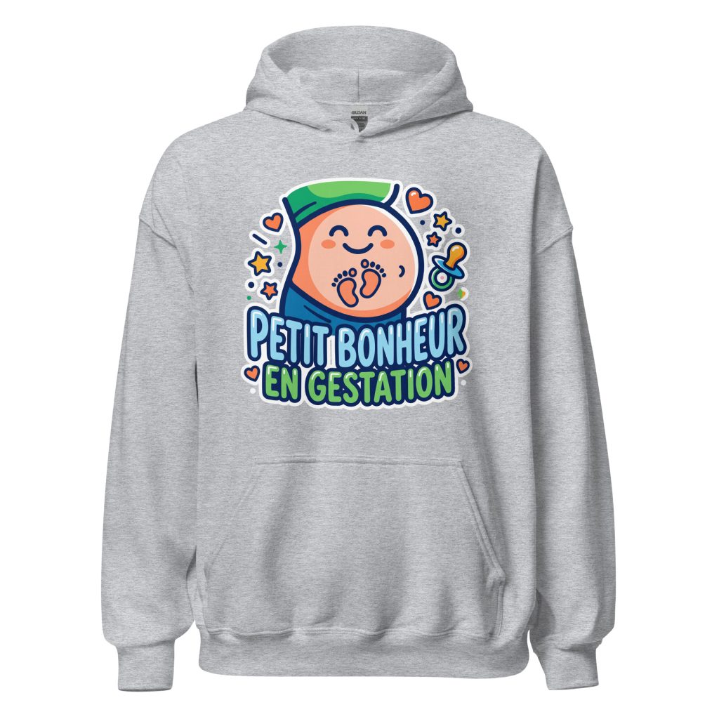 Sweat à capuche Petit bonheur en gestation — Gris Sport, face