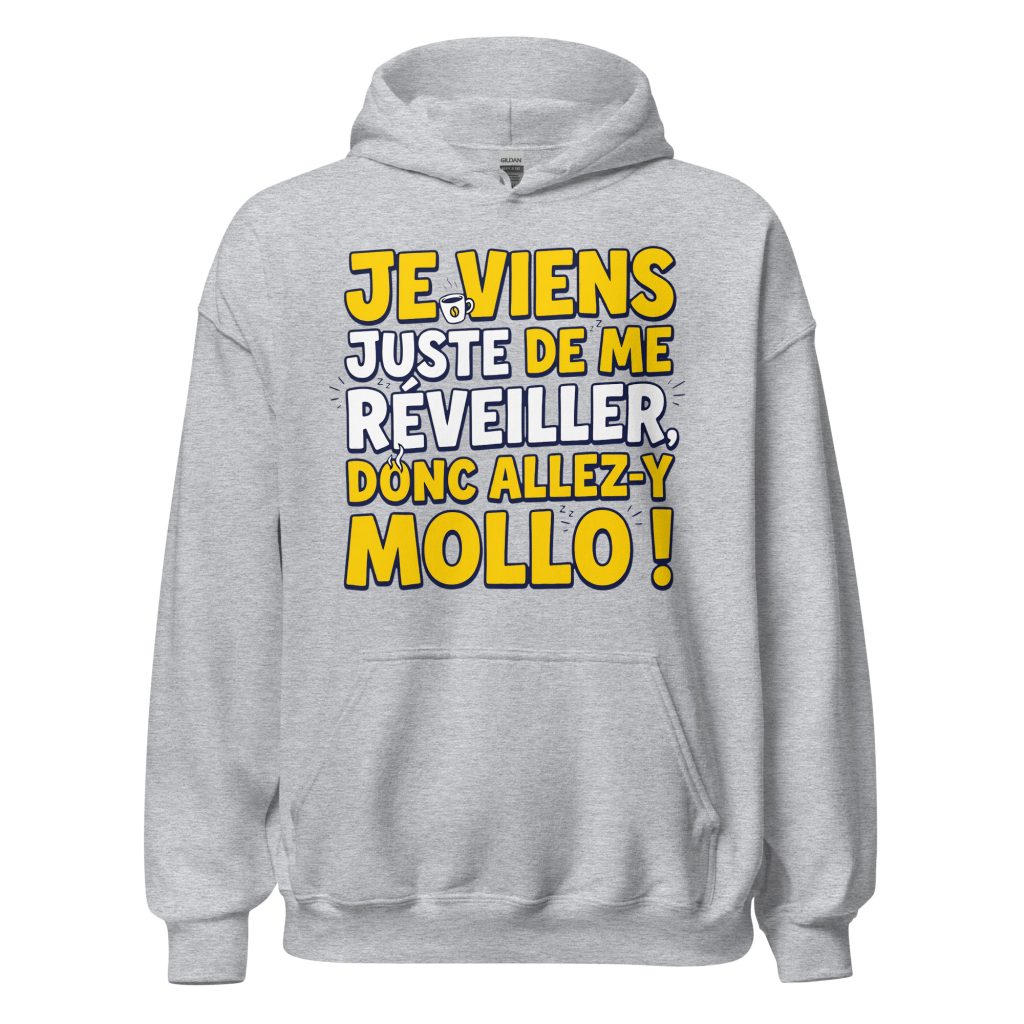 Sweat à capuche Je viens juste de me réveiller donc allez-y mollo ! — Gris Sport, face