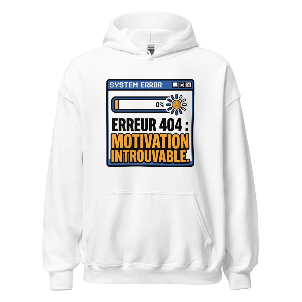 Sweat à capuche Erreur 404 Motivation introuvable — Blanc, face